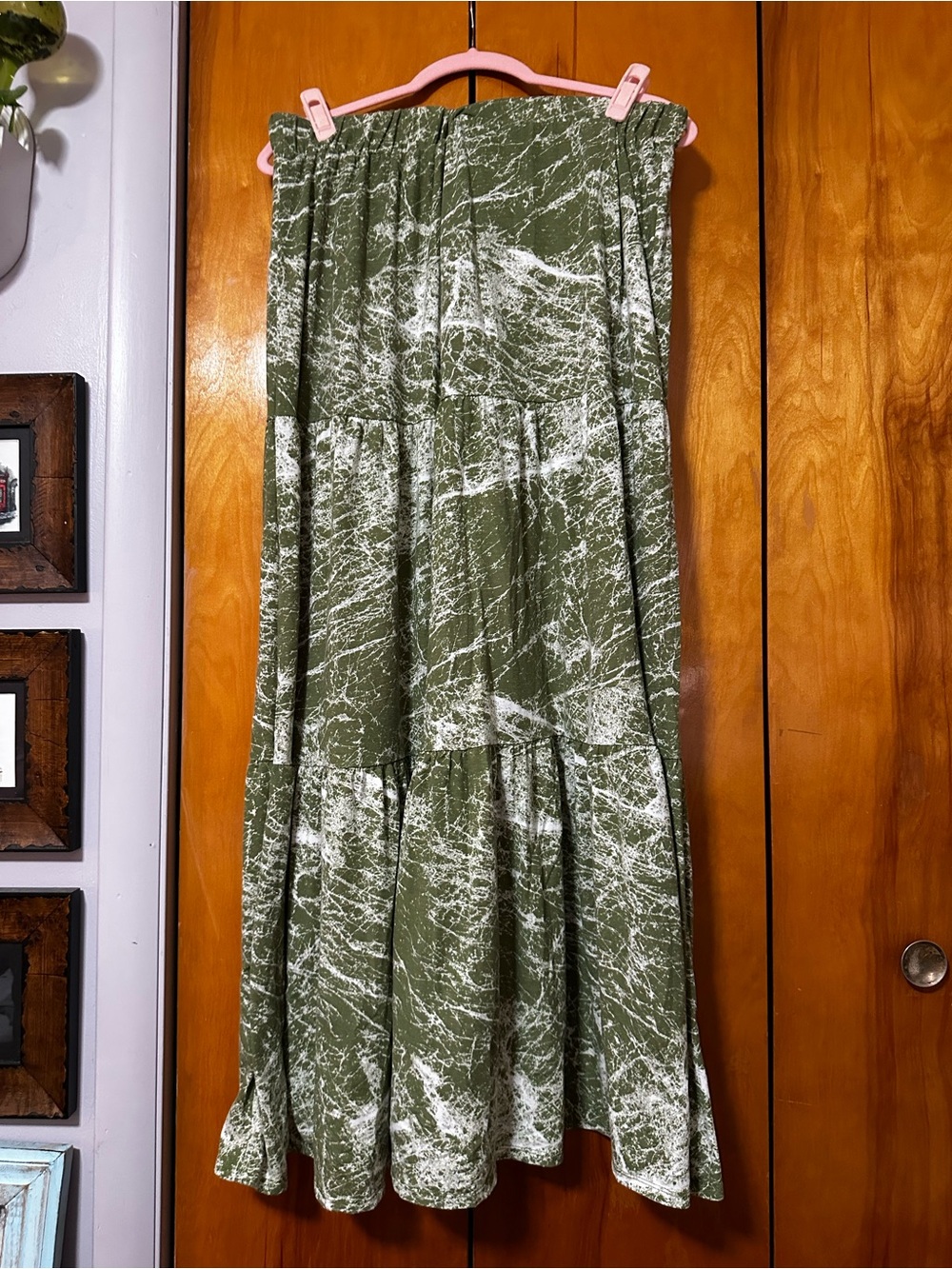 LuLaRoe Olive Green and White Printed Tiered Maxi Skirt